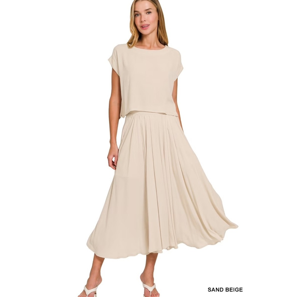 Zenana Sand Beige Two Piece Set Crop Top and Maxi Skirt Small Boho Crepe Flowy